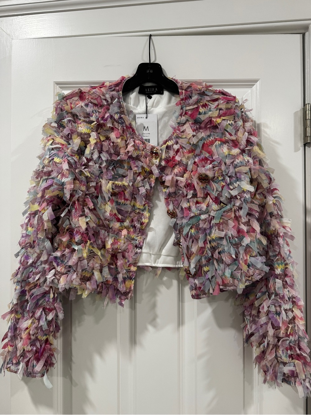 AKIRA Pink Multi-Color Fringe Tweed Crop Jacket